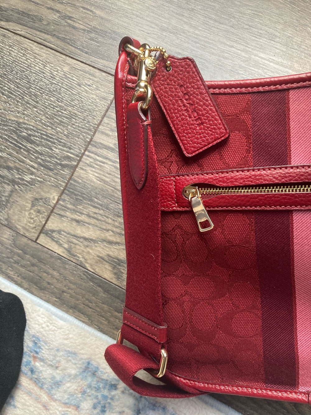 Coach Dempsey Red Signature Stripe Crossbody with Pink Accent - Picture 4 of 6